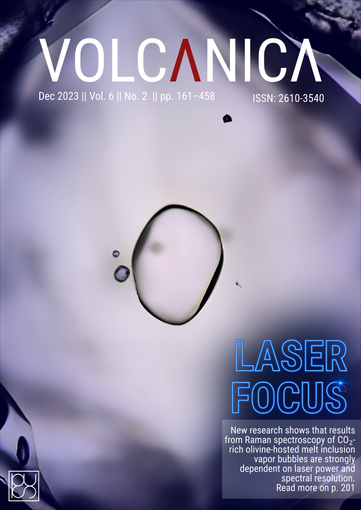 The front cover of Volcanica Volume 6 Issue 2. A melt-inclusion bubble is centered in this image of a quartz-hosted rhyolite melt inclusion, taken by Dr Hannah Elms using a microscope camera. The tagline reads, "LASER FOCUS" in stylised laser font. Below this it reads: "New research shows that results from Raman spectroscopy of CO2-rich olivine-hosted melt inclusion vapor bubbles are strongly dependent on laser power and spectral resolution. Read more on p. 201"