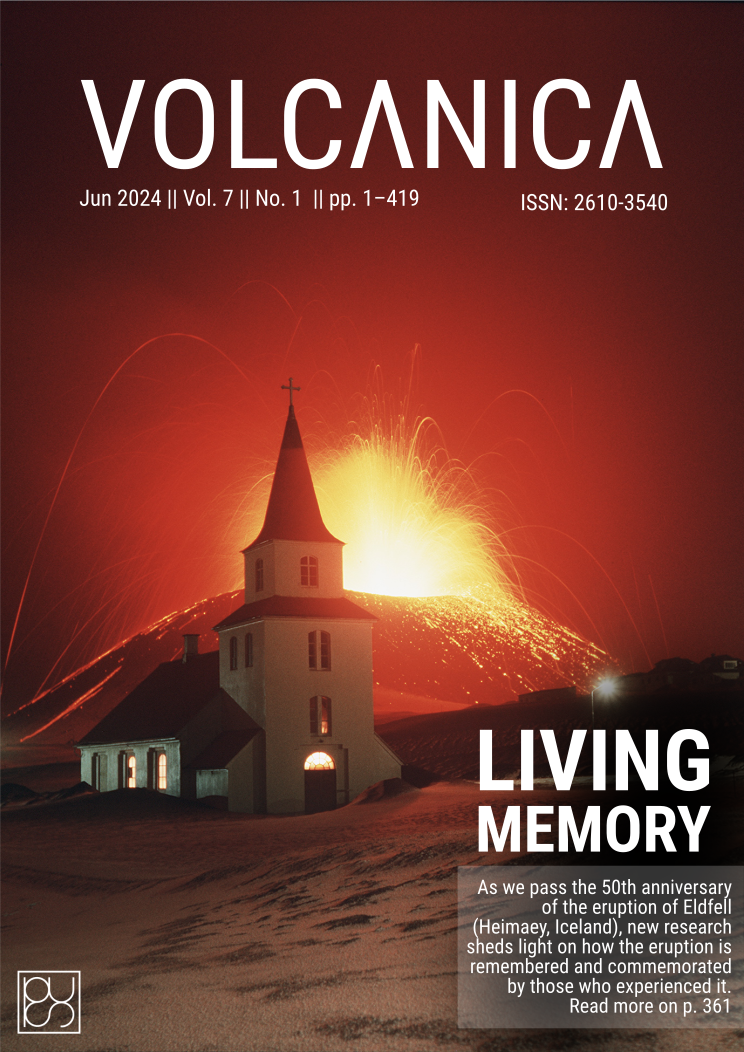 The front cover of Volcanica Volume 7 Issue 1. In this image, captured by Sigurgeir Jónasson in 1973, a church stands lit from within before the striking backdrop of the eruption of Eldfell, on the island of Heimaey (Iceland). The tagline reads: “LIVING MEMORY” in bold white text. Below this it reads, “”As we pass the 50th anniversary of the eruption of Eldfell (Heimaey, Iceland), new research sheds light on how the eruption is remembered and commemorated by those who experienced it. Read more on page 361.”