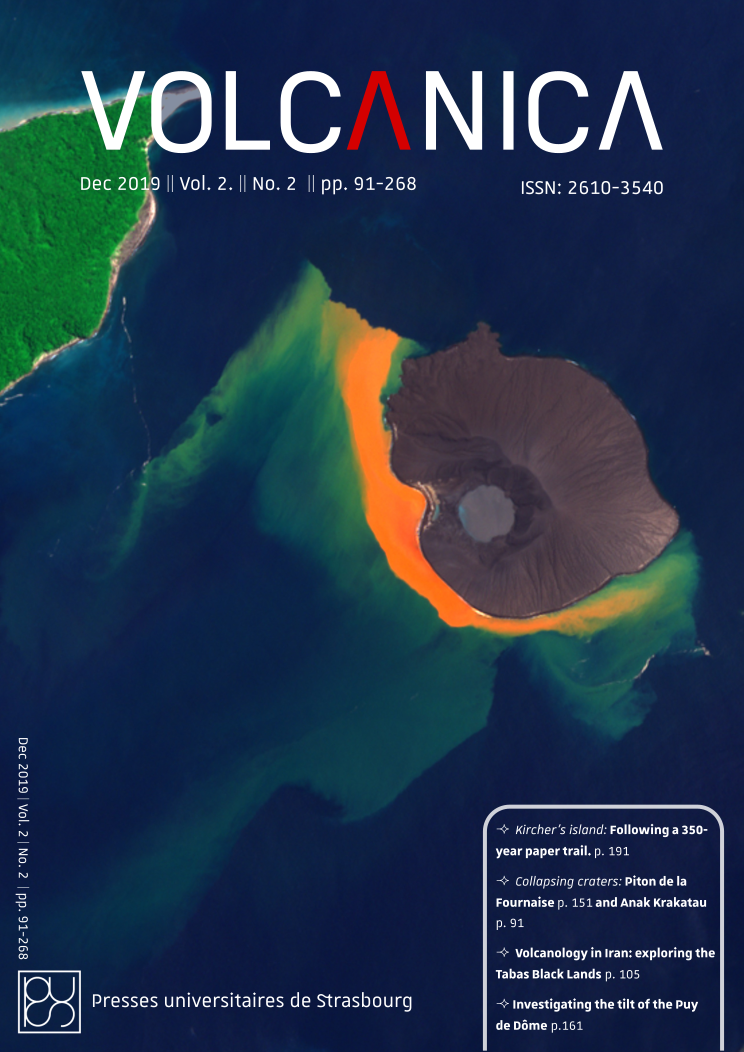 Front cover of Volcanica 2(2): Satellite image of Anak Krakatau volcano. Credit: European Union [2019], contains modified Copernicus Sentinel imagery, processed by Annamaria Luongo/SpaceTec Partners
